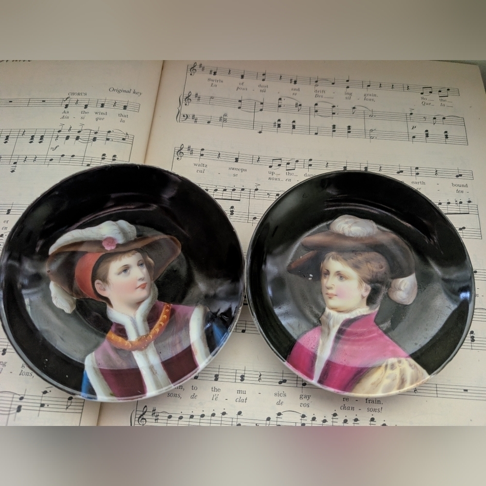 Vintage Small Portrait Plates - Black and Pink